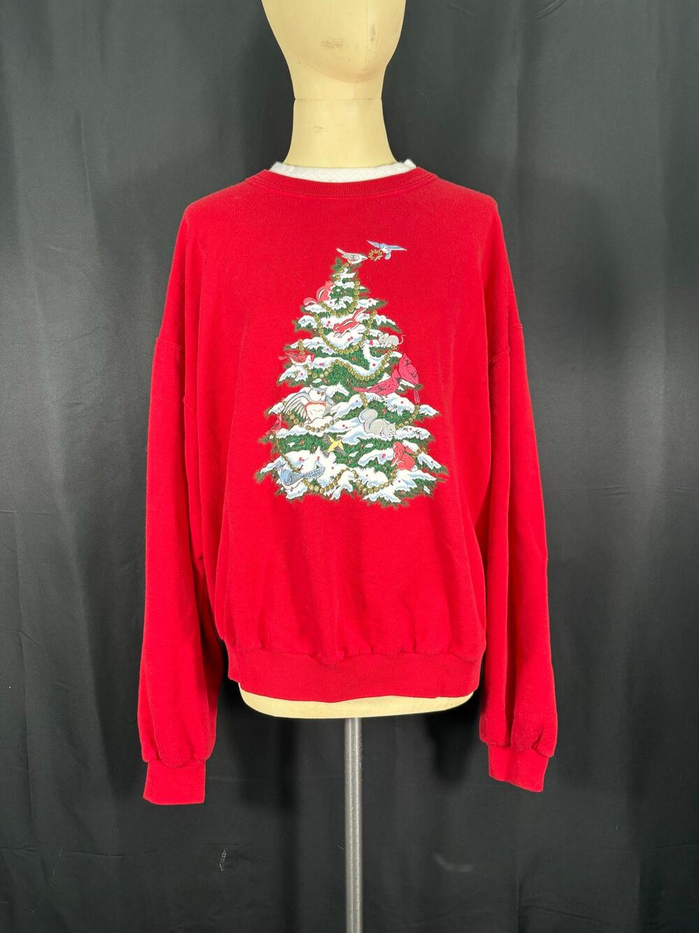 Vintage 80's Holiday Christmas Red Sweatshirt Forest Animals Decorating a Tree